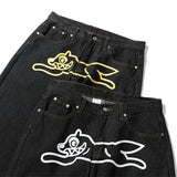 GETADME American fashion flying dog print straight leg denim shorts for men high street casual fashion wide leg five quarter pants