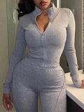 GETADME 여성 2피스 세트 캐주얼 그레이 스포츠 슈트 지퍼 긴팔 카디건 크롭 탑+조거 팬츠 트랙수트 가을 솔리드 의상 