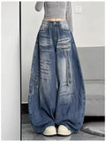 GETADME Women Harajuku Streetwear Y2K Baggy Jeans High Street Wide Leg Curved Knife Denim Pants Vintage Washed Letter Design Trousers