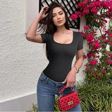 GETADME 여름 섹시 반팔 리브 스퀘어넥 통 바디수트 원피스 스퀘어 바디수트 복부 관리 바디 셰이퍼 배