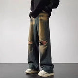 GETADME Mens Washed Denim Jeans American Vintage Loose Wide Leg Straight Micro Flare High Waist Floor Length Casual Trendy Long Pants