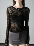 GETADME Autumn Round Neck Long Sleeve T-shirt Women's Fashion Slim Fit Fashion Trend See Throught T Shirts Flocking Flowers Tees