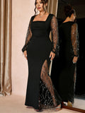 GETADME Women Black Plus Size Dress Square Neck Mesh Sequin Tassel Sleeve Bodycon Maxi Dress Party Cocktail Spring Summer Evening Dress