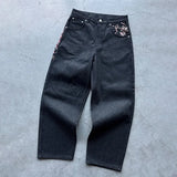 GETADME Y2K 청바지 하라주쿠 고딕 빈티지 매화 자수 패턴 와이드 레그 팬츠 스트리트 캐주얼 힙합 빈티지 아메리칸 청바지 