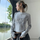Getadme Vintage Women Clothes Y2k Spring Outfits T-shirts Mujer De Moda O-neck Long Sleeve Print Woman Tshirts Fashion Casual Tops Gothic Crop Top