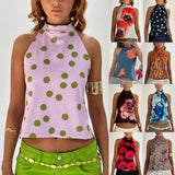 GETADME Combhasaki Women's Y2K Button Closure Halter Neck Crop Tops Sleeveless Backless Aesthetic Dots/Tie-dye Flower Print Summer Vests
