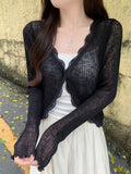 GETADME Lace Trim One Button Long Sleeve Crop Top Women Short Sleeve Open Front Ribbed Knit Cardigan Sweater Summer Fairycore Outfit