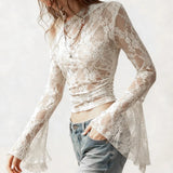 GETADME SUCHCUTE Sexy Skew Collar Sheer Lace T-Shirts Women Flared Sleeves Slim Crop Tops Chic Casual Pullovers Smock Summer Party Club