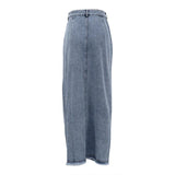 GETADME Long Skirt Women Vintage Denim Split Hip Skirts High Waist Button Stretch Washed Distressed A Line Female 2025 Streetwear