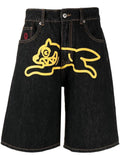 GETADME American fashion flying dog print straight leg denim shorts for men high street casual fashion wide leg five quarter pants