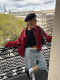 Getadme Women Red Lapel Zipper Leather Cropped Coat Casual Long Sleeve Patchwork Pocket Jacket  Autumn Fashion New Female Streetwear