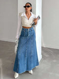 GETADME Women's long denim midi skirt for spring and autumn seasons. Suitable for various occasions such as daily wear, commuting, and g