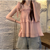 GETADME Ruffles Shirts and Blouses Korea Style Solid Fashion Woman Blouse 2025 Spaghetti Strap Top Women Summer Slash Neck Clothes New