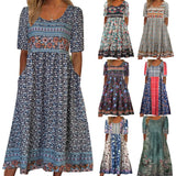 GETADME 2025 summer new women's Bohemia loose fashion print round neck short sleeve long dress