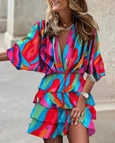 GETADME Women's Sport Dress V-Neck Loose Batwing Sleeve Elastic Waist Printed Dress Mini Casual Ruffle Hem Dresses