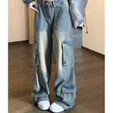 GETADME Female Jean Spliced Pockets Cargo Pants Washed Denim High Waist Full Length Jeans Loose Solid Basics Patchwork Distressed