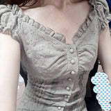 GETADME Y2K 밀크메이드 탑 빈티지 에스테틱 화이트 코르셋 탑 2000년대 티셔츠 레이스 트림 하라주쿠 버튼 V넥 슬림 풀오버 티셔츠