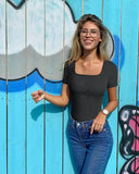 GETADME 여름 섹시 반팔 리브 스퀘어넥 통 바디수트 원피스 스퀘어 바디수트 복부 관리 바디 셰이퍼 배