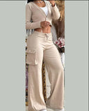 Getadme-Fashion and Elegant Autumn Cardigan Long Sleeve Coats Drawstring Pants Two Piece Sets Womens Outifits Pocket Solid Suit