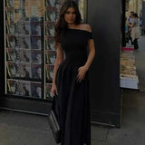 GETADME 여성 패션 오프숄더 슬래시넥 맥시 드레스 우아한 디너 파티 베스티도 여성 하이웨이스트 스플라이스 플리츠 롱 드레스