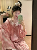 GETADME Spring New Knit Cotton Sleepwear 2 Pieces Women's Cute Home Clothes Suit Web Red Korean Style Home Clothes Pants Set Homewear