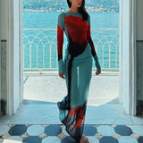 GETADME Yiiciovy 섹시 여성 슬림핏 롱 드레스 커버업 시스루 메시 롱 슬리브 플로럴 프린트 비치 드레스 사이드 스플릿 비키니 커버업