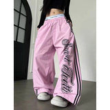 GETADME YIBASHU Women Pink Baggy Wide Leg Sweatpants American Letter Print Pants Harajuku Japanese 2000s Style Vintage Y2k Stripe Trouse