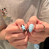 Getadme 10pcs Handmade French Short Press On Nails Blue Brown Polka Dot Bow Star Design Fake Nail Wearable Nail Art Tips for Girls