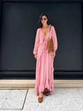 GETADME Elegant Solid Multiple Flounces Lace Up Dresses Chic Loose V Neck Full Sleeve Robes New Lady Summer Commute Vacation Gown 2025