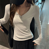 GETADME Autumn Winter New Chic V-Neck Bottoming Tops Women Korean Fashion Skinny Long Sleeve T-Shirt Thicken Warm Knitted Innerwear Tees