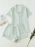 GETADME Loungewear Women Pajamas Cardigan Lapel Short Sleeve Shorts Two Piece Set Spring Summer Fresh Light Green Plaid Loose Fit Casual
