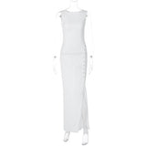 GETADME O Neck Chic Side Single-breasted White Women Dress Sleeveless Temperament Split Slim Bag Hip Bodycon Lady Holiday Going Out Gown