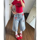 GETADME Women's Pants Baggy Cropped Denim Jeans Vintage Star Patch Loose Fit High Rise Casual Summer Style