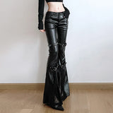 GETADME SUCHCUTE PU Leather Flare Pant Goth Buckle Lace Patchwork Pants Women Fashion Y2K Streetwear Vintage Aesthetics Casual Trouesrs