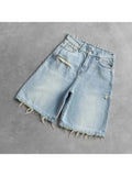 GETADME HOUZHOU Washed Ripped Short Jeans Women and Man Hole Embroidery Wide Leg American Retro Jorts Baggy Casual Streetwear Summer