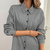 GETADME Classic Striped Turn-down Collar Buttons Long Sleeve Back Hollow Out Bow Baggy Blouses Shirts Pockets Office Lady Elegant Top