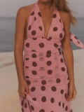 GETADME Pink Chiffon Polka Dot Printing Halter Maxi Dress Women Elegant Sleeveless Backless Skinny Pleated Robe Beach Evening Party Gown