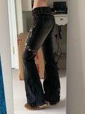 Jean GETADME Weekeep à broderie florale vintage années 2000, taille basse, évasé, style rétro Y2K, pantalon en denim baggy, basique de la mode urbaine.