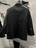 GETADME UNXX Custom Design Zipper Diagonal Button PU Leather Jacket for Women 2025 Autumn Loose Mid-Length Blazer Female Office Lady Top