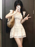 Getadme-Y2k Coquette White Lolita Sweet White Kwaii Cute Mini Dress Women Lace Bow Princess Slip Lace Short Dresses 2024 Fashion
