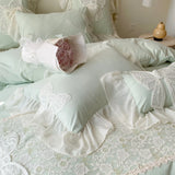 GETADME 3/4Pcs Korean Princess-Style Bow Lace Ruffle Green Bedding Set 2-Person Boiled Cotton Bed Linen Duvet Cover Pillowcase Included
