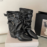 GETADME Fashion Pointed Toe Women Western Ankle Boots Elegant Thick Heels Shoes Laides Belt Buckle Short Booties Zapatos Mujer