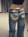 GETADME American Personalized Gold Wing Embroidered Jeans Children's 2025 Spring Hot Girl Design Sense Low Waist Micro Flared Pants