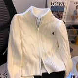 GETADME Vintage Korean Style Stand Collar Sweater Jacket Autumn/Winter Age-Reducing Zipper Embroidery Knitted Cardigan University Top
