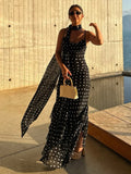 GETADME Retro Polk Dot Long Dress With Ribbon Women Sexy Low Cut Sleeveless Pleated Slim Evening Dresses Female Spring Chic Street Party