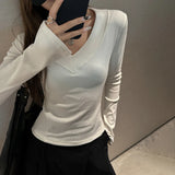 GETADME Autumn Winter New Chic V-Neck Bottoming Tops Women Korean Fashion Skinny Long Sleeve T-Shirt Thicken Warm Knitted Innerwear Tees