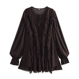 GETADME Brown Ruffles Mini Dress Women V-neck Long Lantern Sleeve Pleated Party Dresses Female 2025 Spring Summer Mesh Short Vestidos