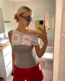 GETADME Paloma Wool Summer Women's Gray Mesh Splicing Slanted Shoulder T-Shirt Digital Printed Summer Vest Top