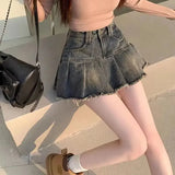 GETADME Vintage Fringe Design Slimming High-waisted Denim Skirt Women's Mini Dress Plenty Wrinkles For Summer