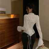 Getadme-패션 여성 붕대 셔츠 한국 올 매치 스트리트웨어 여성 슬림 블라우스 봄 캐주얼 화이트 벨 슬리브 셔츠 새 상품